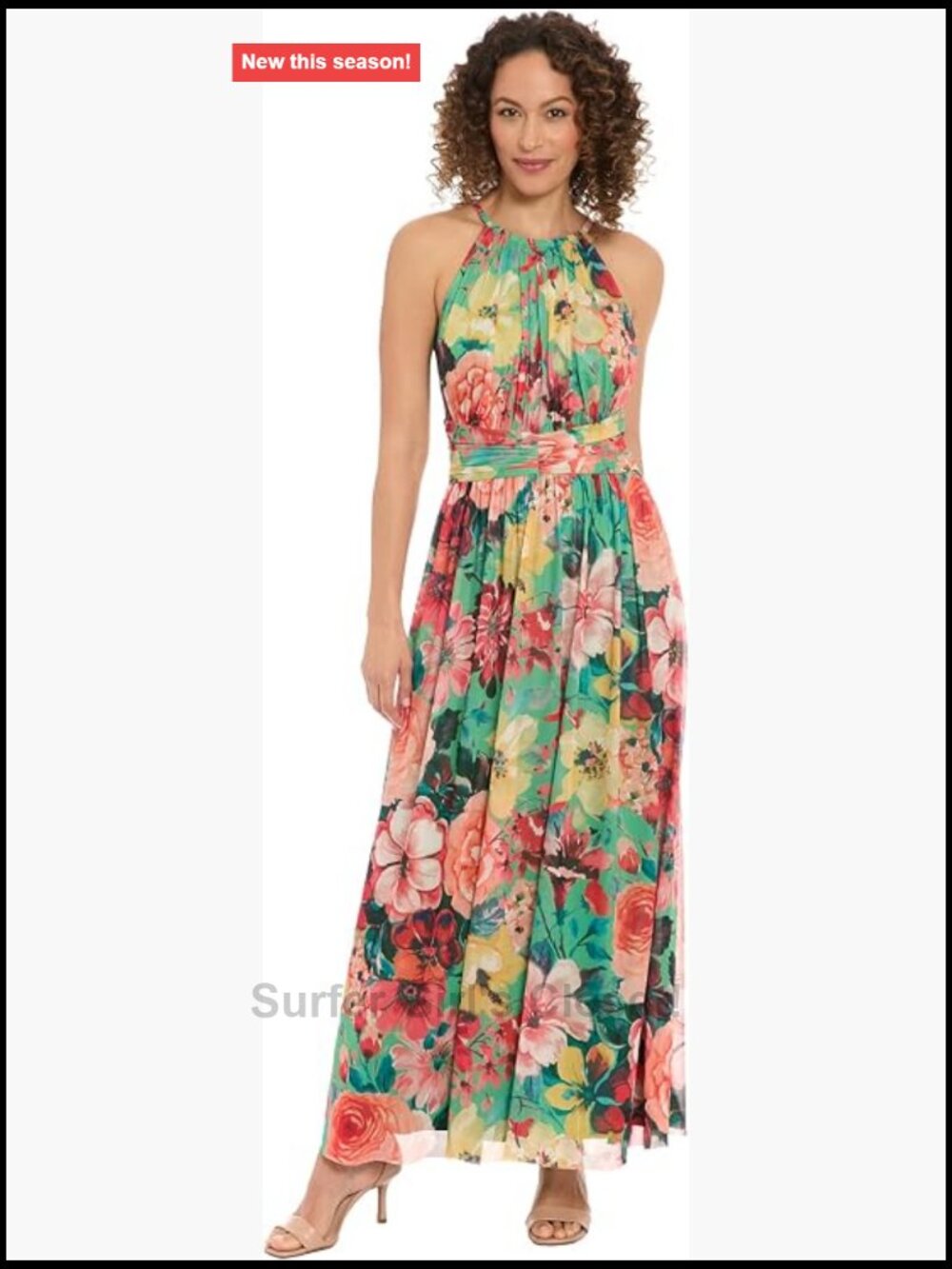 Sleeveless Maxi Floral Dress Halter Neck Pleated Summer Long Dress Formal